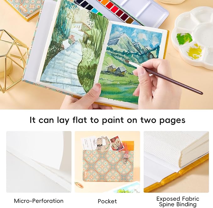 Arrtx Watercolor Sketchbook,100% Cotton Acid-Free 140lb/300gsm Hot Press Hardcover Watercolor Journal Notebook,20 Sheets 5.35 x 3.86 inches