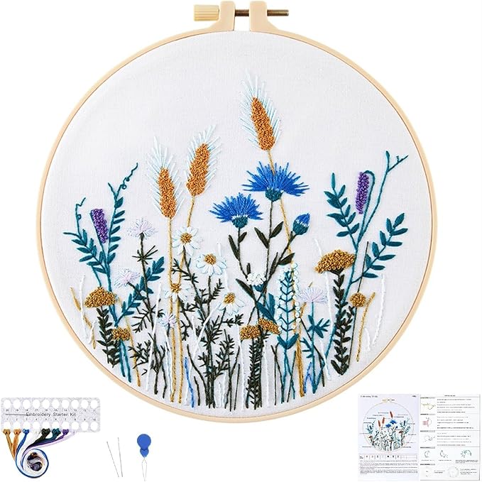Crafmanoe Flower Embroidery Kits for Beginners Adults, Hand DIY Embroidery Starter Kits, Floral Stamped Cross Stitch Kits for Beginners Adults Craft Kits for Women, Embroidery Hoops, Fabric and Thread