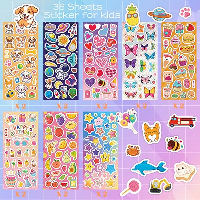 karslora 36 sheets stickers for kids, 800+ stickers for scrapbooking including animals, fruits, dinosaurs, hearts, cats, fish, cars, space and more, party favors for kids