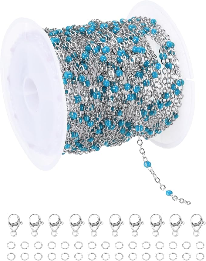 MECCANIXITY Stainless Steel Bead Chain, 16.4 Feet/5M Enamel Beaded Jewelry Link Cable Chains Spool Kit for Jewelry Making, Necklace, Bracelets, DIY Crafts (Silver/Lake Blue, Pack of 1)