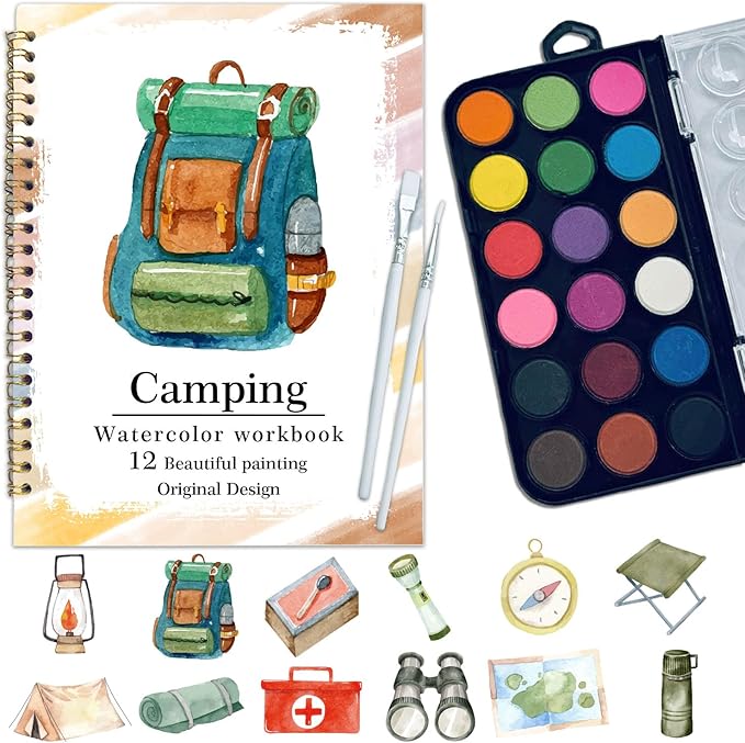Watercolor Workbook, Water Coloring Book, 12 Different Patterns of Original DIY Designs, 18 Colors Watercolor Paint Set, Beginner-Friendly Watercolor Workbooks (Camping), Perfect Gifts for Adults
