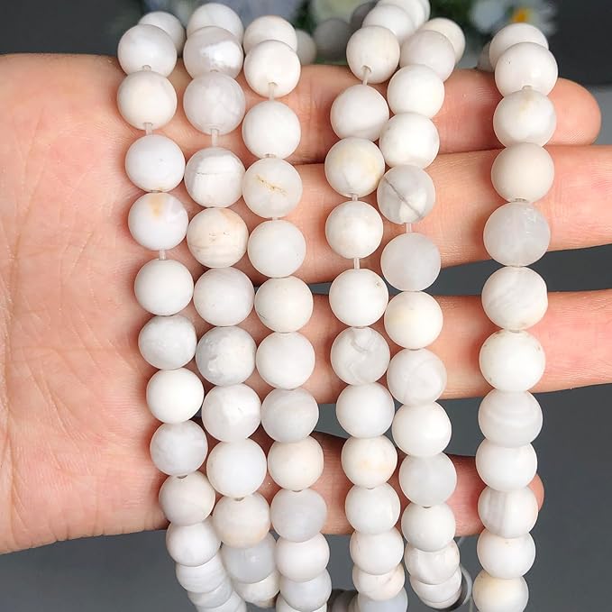 Stone Beads, 45pcs Matte White Quartz, 8mm Round Loose Beads for Jewelry Making, Bracelets, with Bag, String & Card