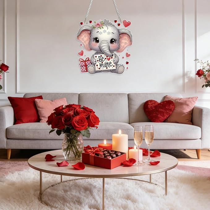 GHHKUD Cute Elephant Diamond Art Hanging Kit for Adults, DIY Double Sided Diamond Painting Hanging Valentines Kits Adults, Special Shaped Acrylic Ornaments Pendants for Window Home Garden Wall