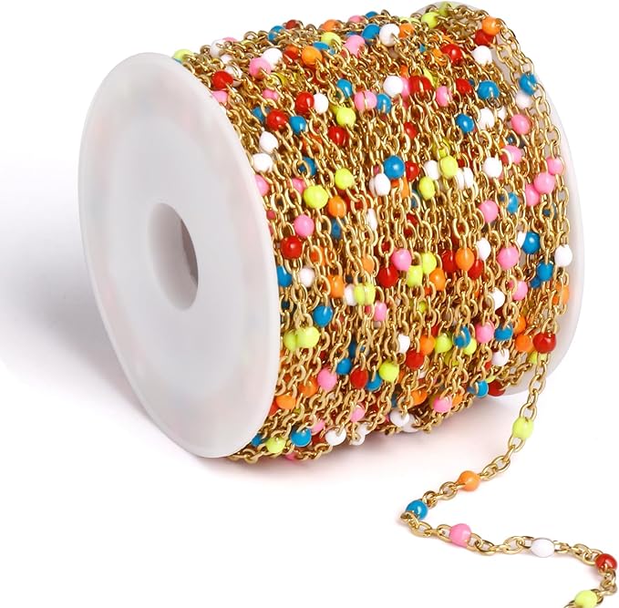 33 Feet Gold Enamel Chains Bulk, 2mm 18K Gold PVD Plated 304 Stainless Steel Colorful Enamel Beaded Cable Link Chain Roll Spool for Jewelry Making