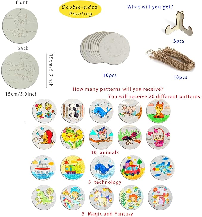 10PCS Wooden Crafts to Paint with Double-Sided Designs Kids Wooden Craft kit Hang or Display with Stand Unfinished Wood Crafts to Paint for boy and Girl Ages 4-8