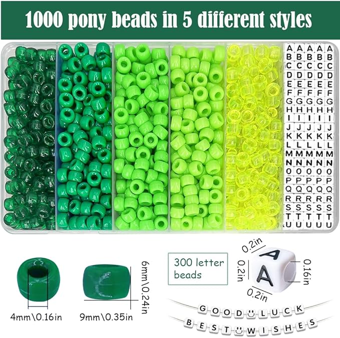 MIIIM 1300 Pcs Pony Beads Kit for Friendship Bracelet, 6 Styles Kandi Bracelet Kit in Box with Individual Compartments, Hair Beads for Braids, Letters (Green Shades)