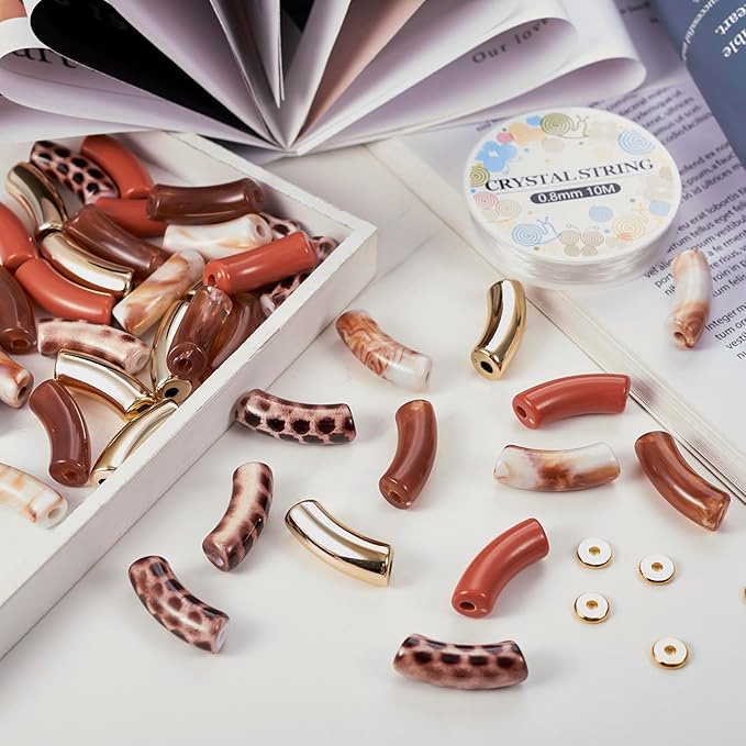 Crafans 40Pcs Acrylic Curved Tube Beads Brown Leopard Print Large Hole Twist Tube Beads with Elastic Thread Bracelet Making Kit for Crafts DIY Bamboo Bangles Jewelry Making Supplies