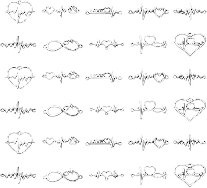 DanLingJewelry 80Pcs 8 Styles Electrocardiogram Charms Mini Heartbeat Linking Connectors Tibetan Heartbeat Charms for Jewelry Making