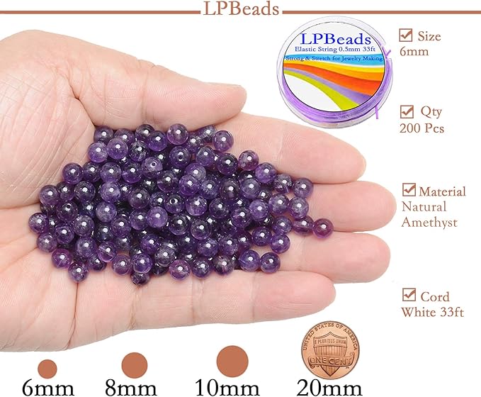 LPBeads 200Pcs Polished 6mm Round Natural Amethyst Gemstone Loose Beads with Stretch Cord for Jewelry Making Bracelets