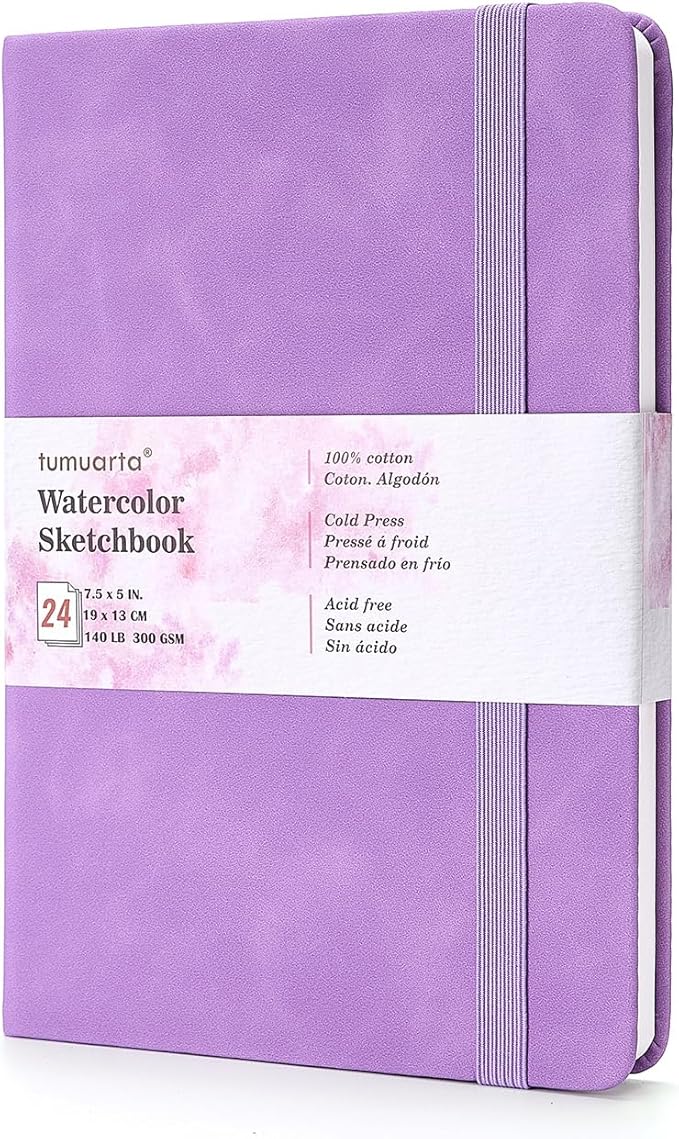 tumuarta 100% Cotton Watercolor Journal Sketchbook, Cold Press, 7.5x5 in, 140 LB, 300GSM, Acid Free, 24 Sheets,48 Pages, Watercolor Journal for Use As Travel Notebook and Mixed Media Pad On The Go