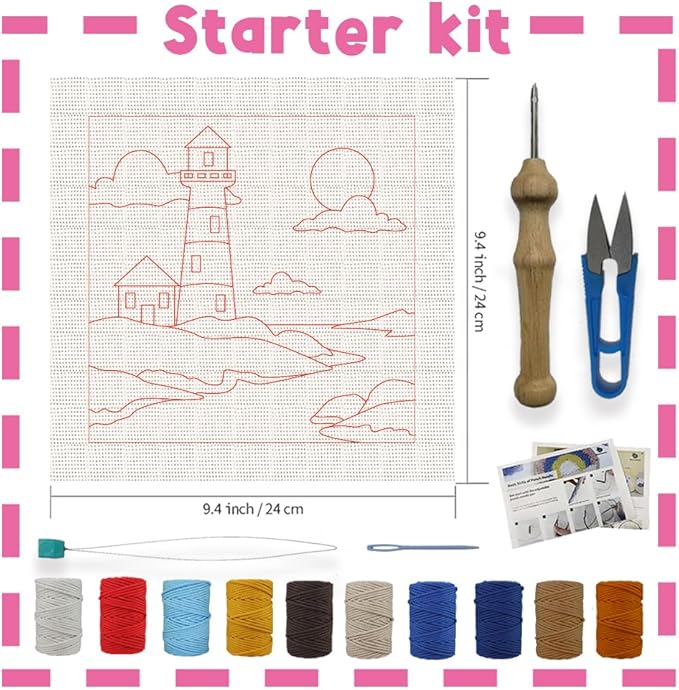 INFUNLY 2PCS Sea Lighthouse Punch Needle Embroidery Kit for Beginners Beacon DIY Punch Needle Starter Kit Lighthouse Handcraft Hooking Set with Pattern Instruction for Festival Gift Home Decor