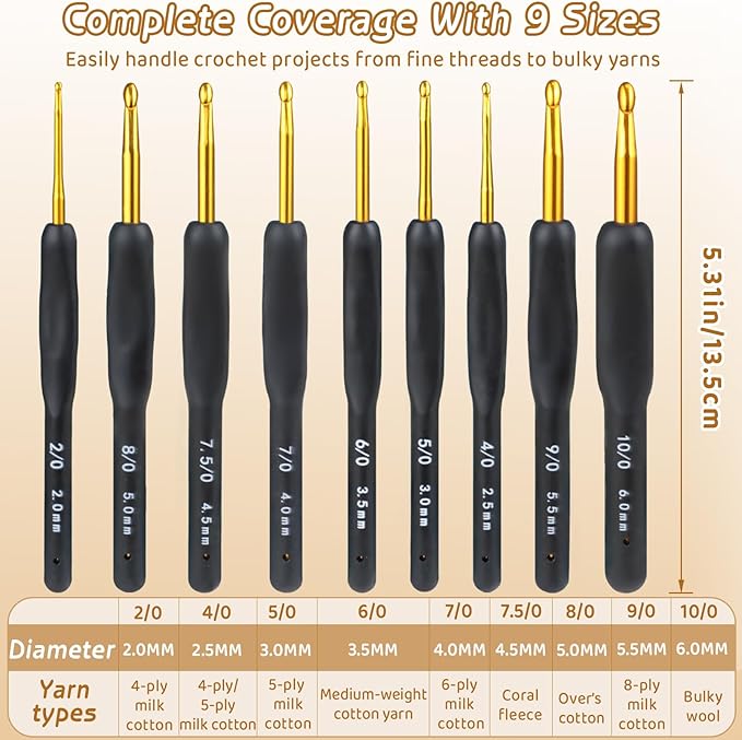 Black Gold Ergonomic Crochet Hook Set (2.0–6.0mm) – Soft Grip Aluminum Knitting Hooks for Arthritic Hands & Yarn Craft