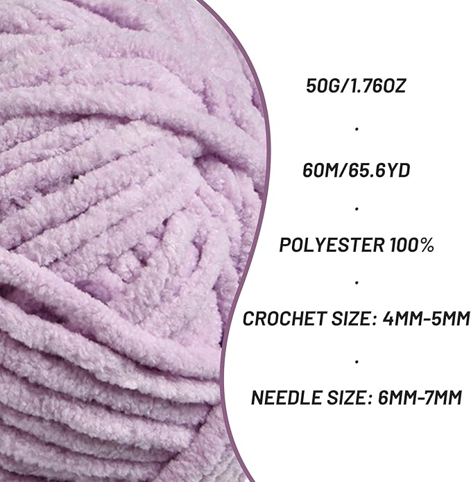 Plush Chenille Chunky Crochet Yarn - Baby Yarn for Crocheting Soft - Velvet Yarns Knitting for Blankets Crafts - Fluffy Amigurumi Yarns 50g / 65.6yd (Light Purple)