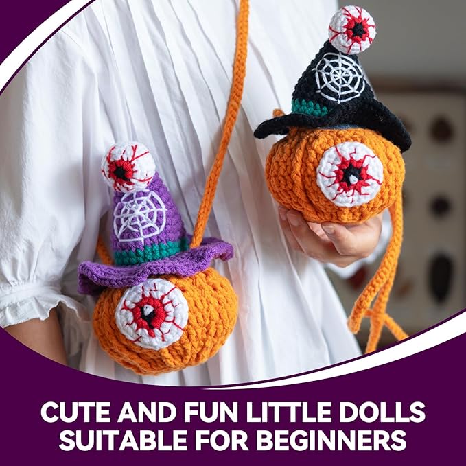 Sinyon Beginner Crochet Kit with Video Tutorials - Pumpkin Candy Bag Crochet Patterns, 40%+ Premium Yarn, Complete Crocheting Tools for Adults & Kids - DIY Craft Gift for Birthdays, Holloween (Purple)