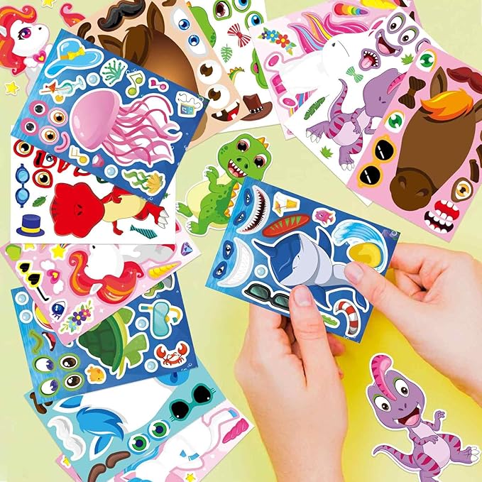 24 sheets make a face stickers for kids toddlers, make your own animal mix and match sticker sheets with sea animals horses dinosaurs unicorns for kids crafts party favors goodie bags stuffers
