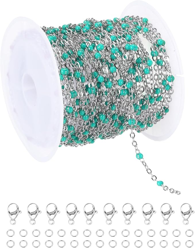 MECCANIXITY Stainless Steel Bead Chain, 16.4 Feet/5M Enamel Beaded Jewelry Link Cable Chains Spool Kit for Jewelry Making, Necklace, Bracelets, DIY Crafts (Silver/Pine Green, Pack of 1)