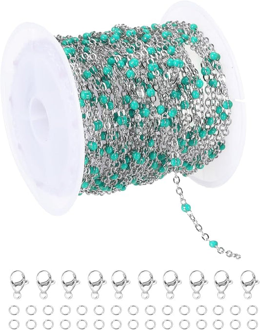 MECCANIXITY Stainless Steel Bead Chain, 16.4 Feet/5M Enamel Beaded Jewelry Link Cable Chains Spool Kit for Jewelry Making, Necklace, Bracelets, DIY Crafts (Silver/Pine Green, Pack of 1)