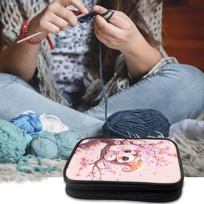 Hechitok Squirrel Cherry Blossom Crochet Hook Case with Zipper and Web Pockets for Crochet Needles/Knitting Accessories Lightweight Organizer Bag for Crochet Hook Kit Tools