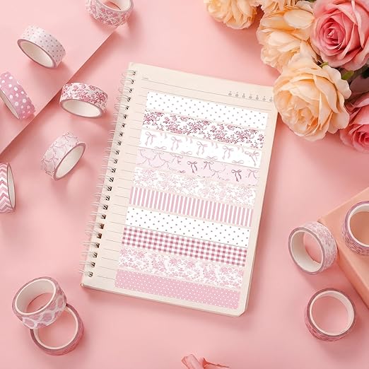 12 Rolls Watercolor Floral Washi Tape Set 15 mm Vintage Flower Decorative Masking Tape for Spring Arts DIY Craft Scrapbook Journal Supplies Gift Wrapping(Pink,Bows)