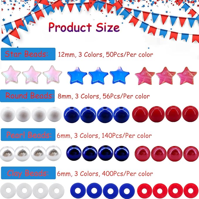 1938Pcs Red White Blue Beads Kit, 4th of July Patriotic Clay Beads Star Beads Round 6mm Pearl Beads for Jewelry Making Independence Day Polymer Clay Beads Heishi Beads for Necklace Bracelets Earrings