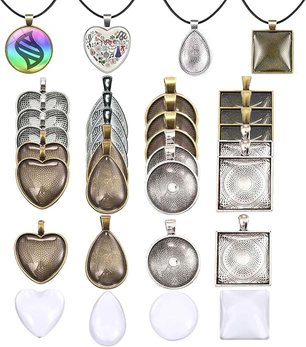 BetterJonny 48pcs Bezel Pendant Trays, 4 Shapes Pendants Trays Set Including 24pcs Charms Bezel Blanks and 24pcs Glass Cabochons for DIY Jewelry Making(2 Colors)
