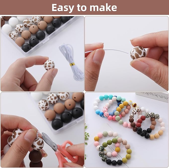 96Pcs Silicone Beads for Bracelets with 4Pcs Wooden Bead and Elastic 2 Strings, 15mm Silicone Beads Bulk Cows Bracelet Making Kit Focal Bead for Pens Keychain Making Kit