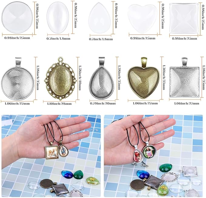 Aenezus Pendant Trays Set with Glass Cabochons for Jewelry Making - 90pcs, Includes 30pcs Bezel Pendants, 30 Glass Cabochons, 30 Necklace Cords