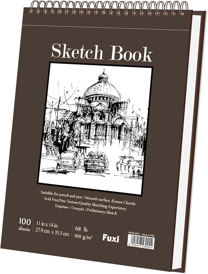 sketch book 11 x 14”, 100 sheets top spiral sketchbook, 68lb /100gsm drawing paper pad, sketch pads for drawing for adults, large sketchbook.