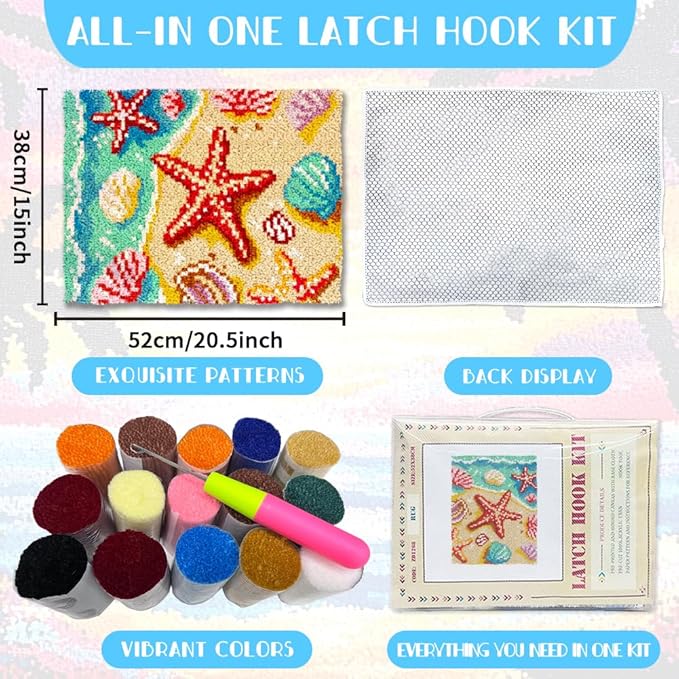 ORIGACH Beach Sea Shells Starfish Latch Hook Rug Kits, Color Stamped Grid Cloth Handmade Rug, Pattern Printed Carpet Kit, DIY Crochet Rug for Adults Home Decoration Festival Gifts 52 x 38 cm