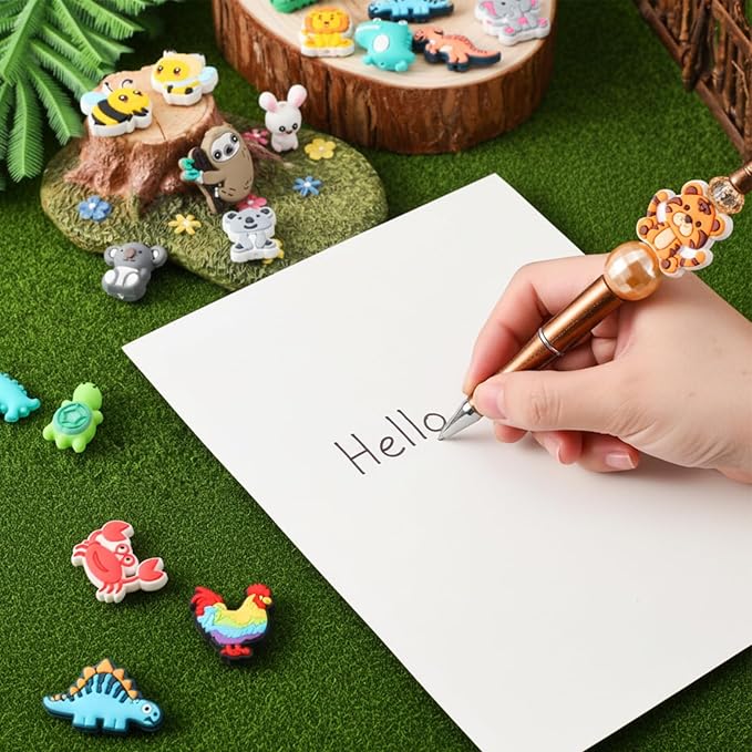 VioraWhite 48 Pcs Animals Silicone Focal Beads for Beaded Pens Animals Silicone Beads Charm Keychain Lanyard Kit for Beadable Items Keychains Bracelet Necklace DIY Jewelry Making