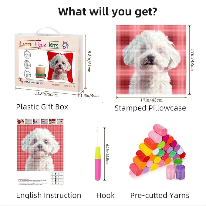 DIY Latch Hook Pillow Kits for Adults White Bichon Frise Dog Portrait Printed Pillowcase Crochet Yarns Hooking Handmade Pillow Cover Cushion for Home Sofa Decoration 17x17inch(2)