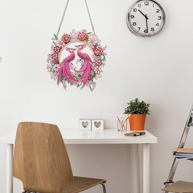 Miwixy Birds Hanging Diamond Art Kits for Adults,Pink Flowers Special Shaped Crystal Christmas Diamond Painting Ornament Kit DIY Double-Sided Pattern Window Pendant Gem Art Kit for Home Wall Decor