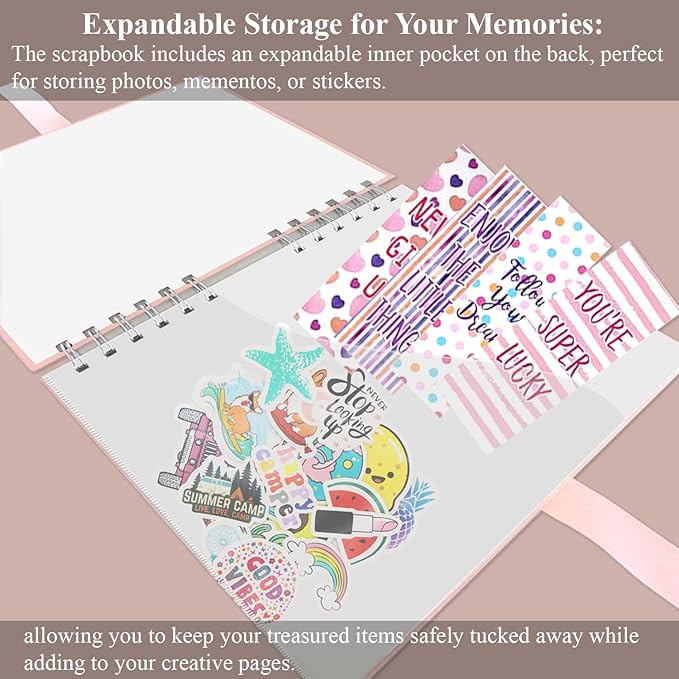 Pink Scrapbook Album, 8" x 8" Scrap Book 30 Sheets (60 pages), Memory Book & Photo Album for Wedding Guest, Baby Shower, Valentines, Engagement | Scrapbooking Supplies & Christmas Gift.
