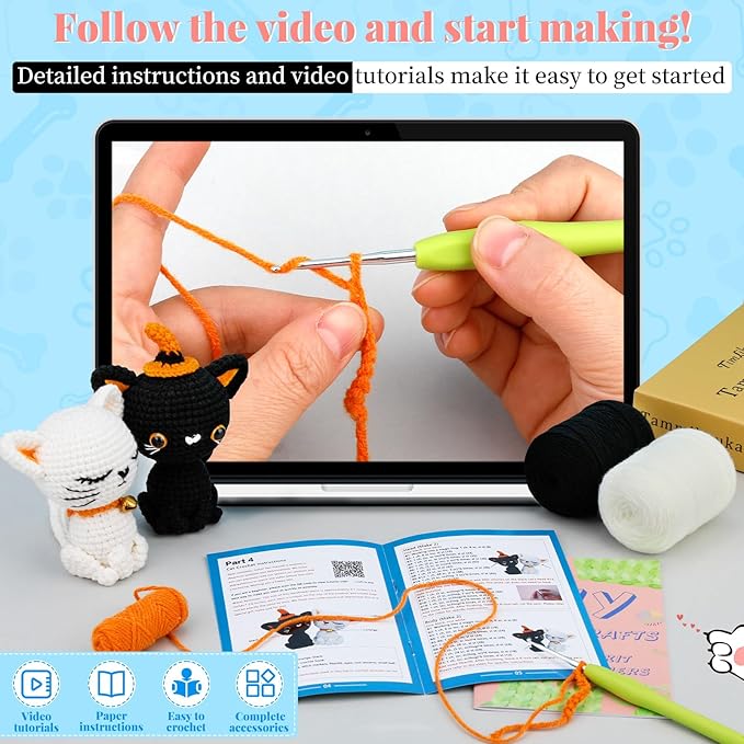 Pnytty Crochet Kit for Beginners, Crochet Animal Kit, 2PCS Cat Starters Crochet Kits Knitting Kit with Yarn, Crochet Hooks, Video Tutorials, Easy Crocheting for Adults Craft