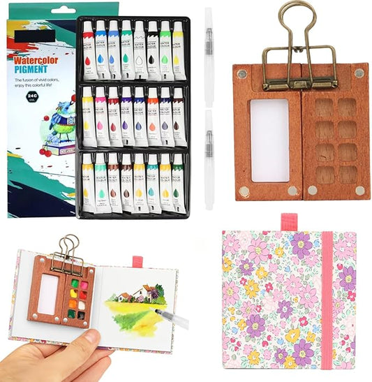 24 Colors Travel Watercolor Set，Mini Paint Palette Travel kit，Mini Water Color Paint Set，Wooden 8 Grid Paint Box,Small Watercolor Sketchbook for Artists Painters Students (8+24-Pink)