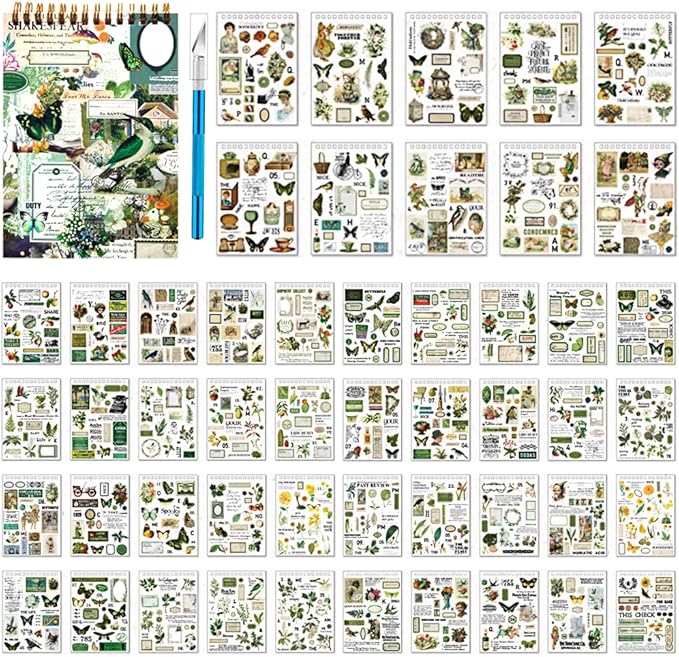 Vintage Washi Sticker Book for Journaling - 900+ Mini Scrapbooking Stickers, Ephemera for Junk Journal Bujo Scrapbook Supplies DIY Crafts Arts 50 Sheets (Green)