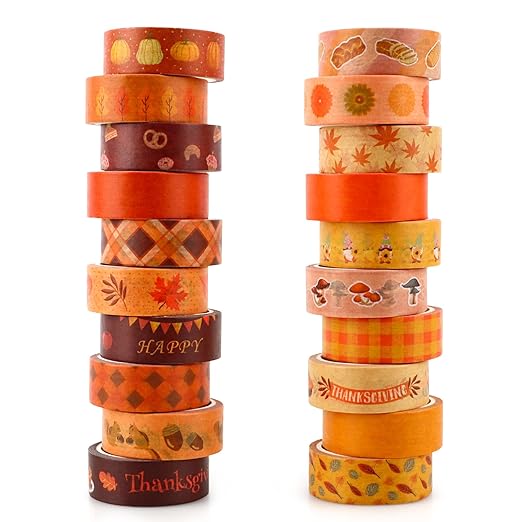Fall Washi Tape Set 20 Rolls Autumn Washi Tape Autumn Thanksgiving Pumpkin Fall Leaves Decorative Tape for Seasonal Kids DIY Art Crafts Notebook Scrapbooking & Stamping Supplies