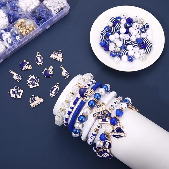 HSWE Game Day Beads Bracelet Kit Assorted Blue White Heishi Clay Pearl Letter Round Loose Beads Gold Spacer Beads with Sports Football Charms for DIY Bracelets Necklace Making