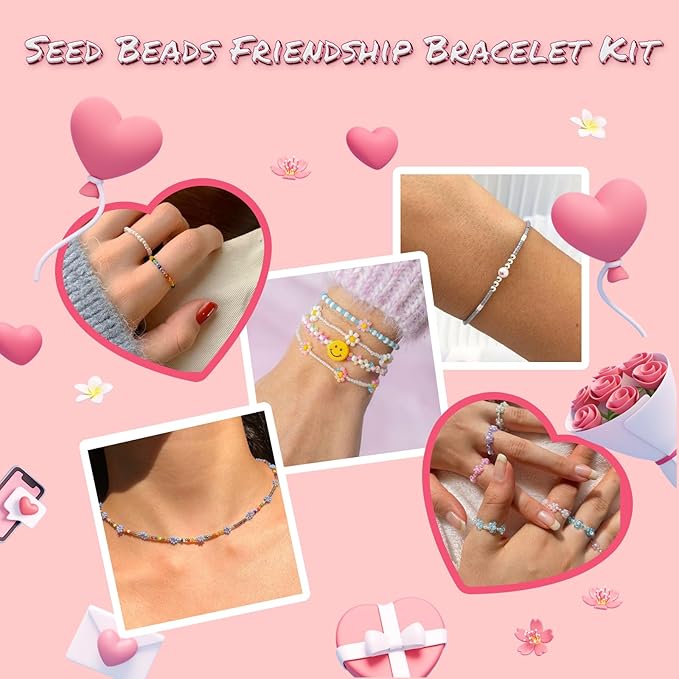 2mm Tiny Glass Seed Beads for Bracelets, 96 Colors 60000pcs Small Glass Beads Waist Beads Craft for Friendship Bracelets with Charms String Cords Tweezers Letter Bead Crafts Kits Jewelry Making Kit