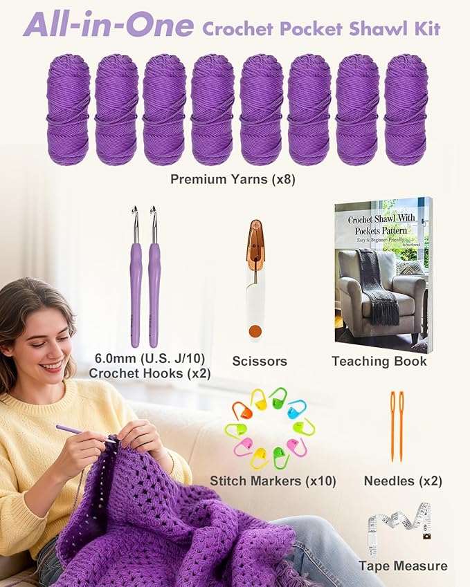 Arborthread Crochet Kit for Beginners, Easy Pocket Shawl & Scarf Crochet Kit for Adults w/Ample Premium Yarn to Fit Different Sizes, Step-by-Step Video & Instructions, Pureple