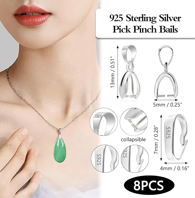 Pendant Clasp, 8Pcs 925 Sterling Silver Bails for Jewelry Making, Slider Necklace Pendant Connectors Charms Pinch Clip Pendant Clasp with Open Loop, Sterling Silver Jewelry Findings Making Supplies