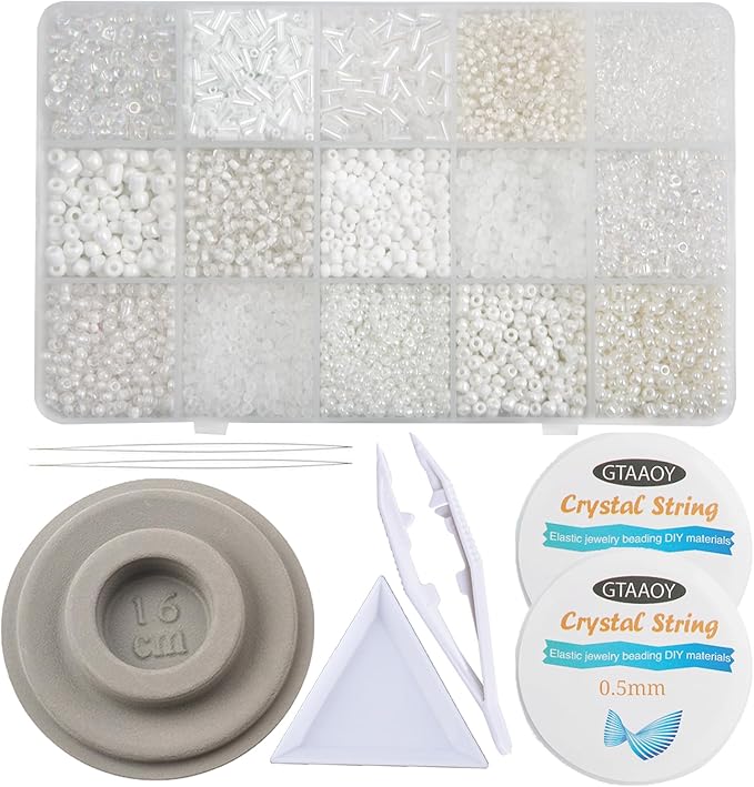GTAAOY Mix 15 Color Glass Seed Beads, Glass Bugle Beads Tube Beads for Adults, Bracelet Bead Boards, Tweezers,Elastic Sting for Jewelry Making(Mix Size,White)