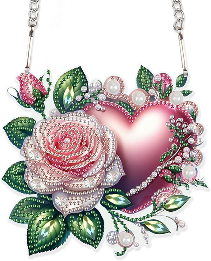 AiYuanzsh 5D Diamond Painting Hanging Pendant, DIY Rose and Heart Diamond Art Kit for Adults, Crystal Rhinestone Window Decoration, Wall and Home Ornament, Valentine’s Day Gift