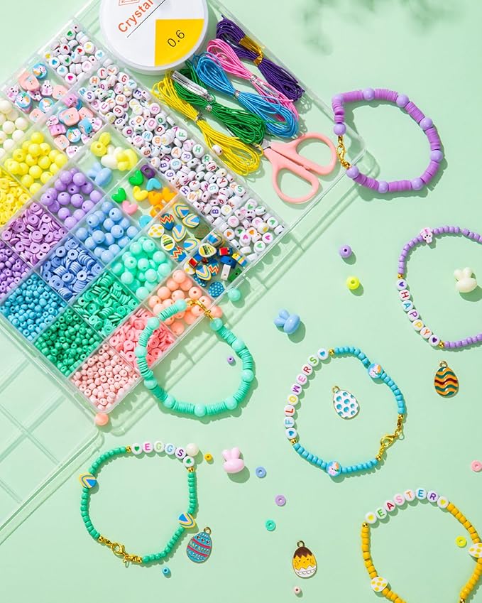 Goldwise 2046 Pcs Easter Beads Bracelet Making Kit with Heart Beads, Colorful Letter Beads, Charms, Candy & Bunny Beads, Stickers and Accessories, DIY Jewelry Craft Kit for Adults