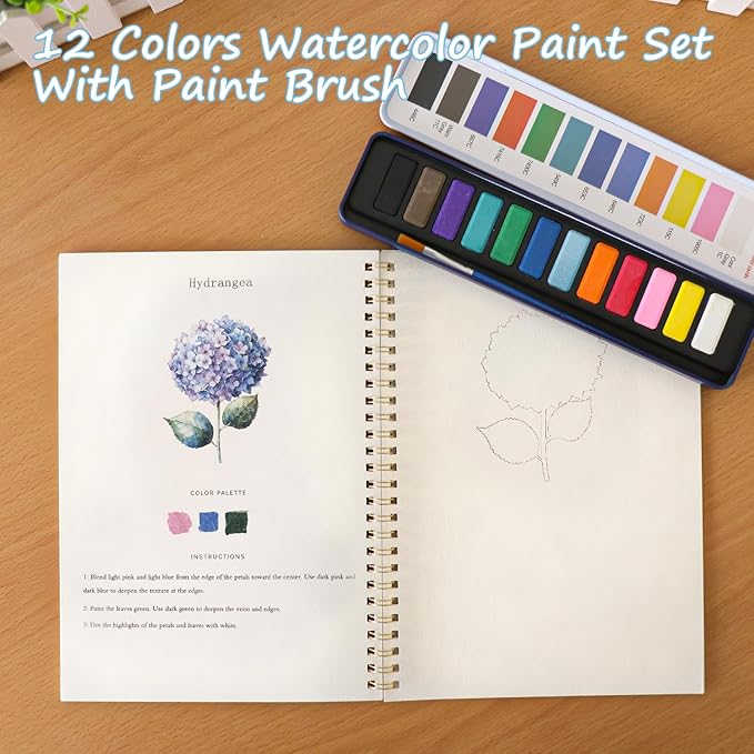 Watercolor Workbook, Water Coloring Book, 12 Different Patterns of Original DIY Designs, 12 Colors Watercolor Paint Set with Palette and Brush, Beginner-Friendly Watercolor Workbooks（Flower）
