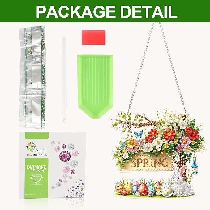 CEOVR Spring Hanging Diamond Painting, Easter Bunny Diamond Art for Adults Pendant DIY Spring Gem Art Wall Hanging Ornament, Acrylic Home Garden Decor with Chain, Box Kit 7.75×7.17inch