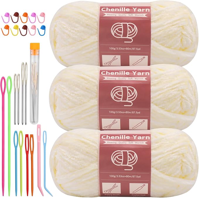 LUNARM Chenille Yarn for Crocheting Knitting, 3 Skein 263 Yard Thick Soft Chunky Fluffy Weaving Plush Yarn for Blankets Clothes Pattern Creations with Big Eye Needles(Beige)