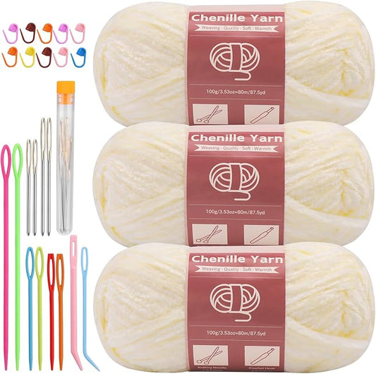 LUNARM Chenille Yarn for Crocheting Knitting, 3 Skein 263 Yard Thick Soft Chunky Fluffy Weaving Plush Yarn for Blankets Clothes Pattern Creations with Big Eye Needles(Beige)