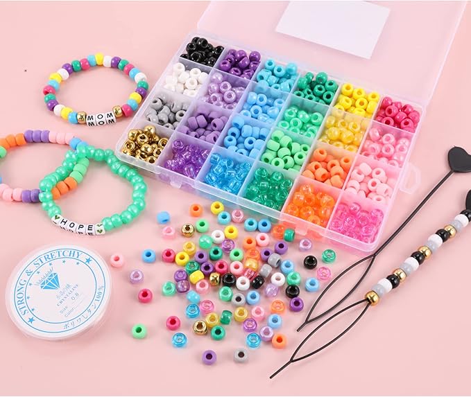 Miss Rabbit 24 Color Pony Beads for Jewelry Making, Hair Beads for Braids with Hair Beaders, Rainbow Kandi Bracelets Kit for Bracelet Making for Women DIY Crafts Friendship Bracelets Making Kit Gift
