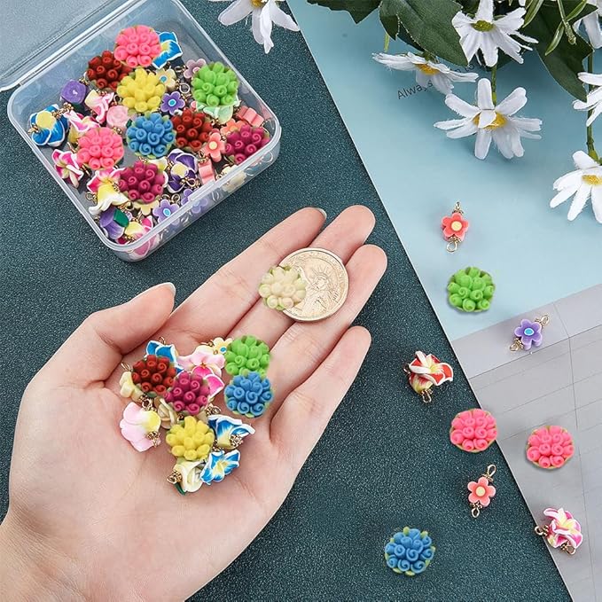 SUNNYCLUE 1 Box 60Pcs 3 Styles Flower Connector Charm Colorful Rose Links Floral Polymer Clay Beads Connectors Gold Plated for Jewelry Making Charms DIY Bracelets Findings, Mixed Colors